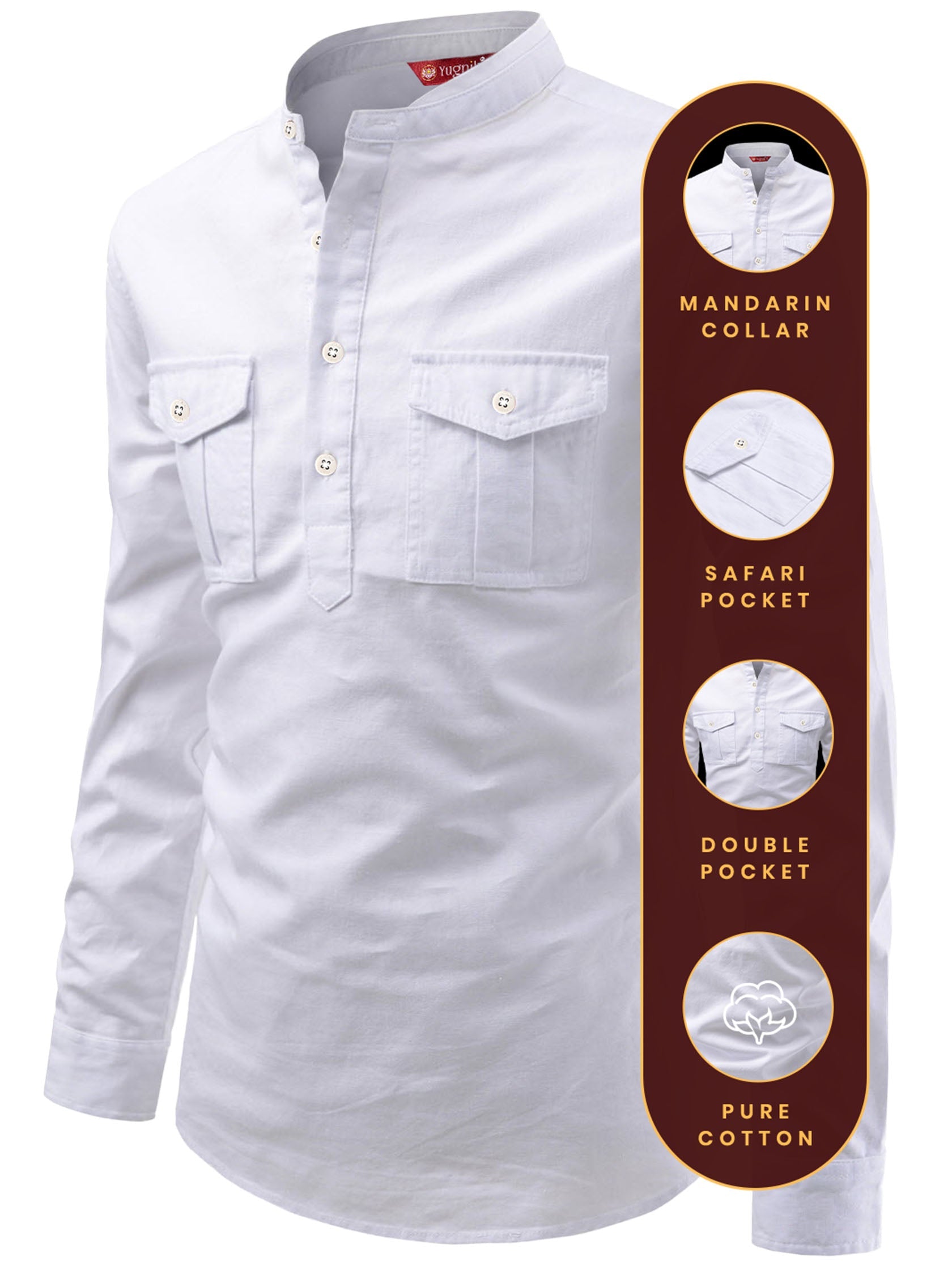 FireFish Men's Slim Fit Double Pocket Beige Color Pure Cotton Short Kurta