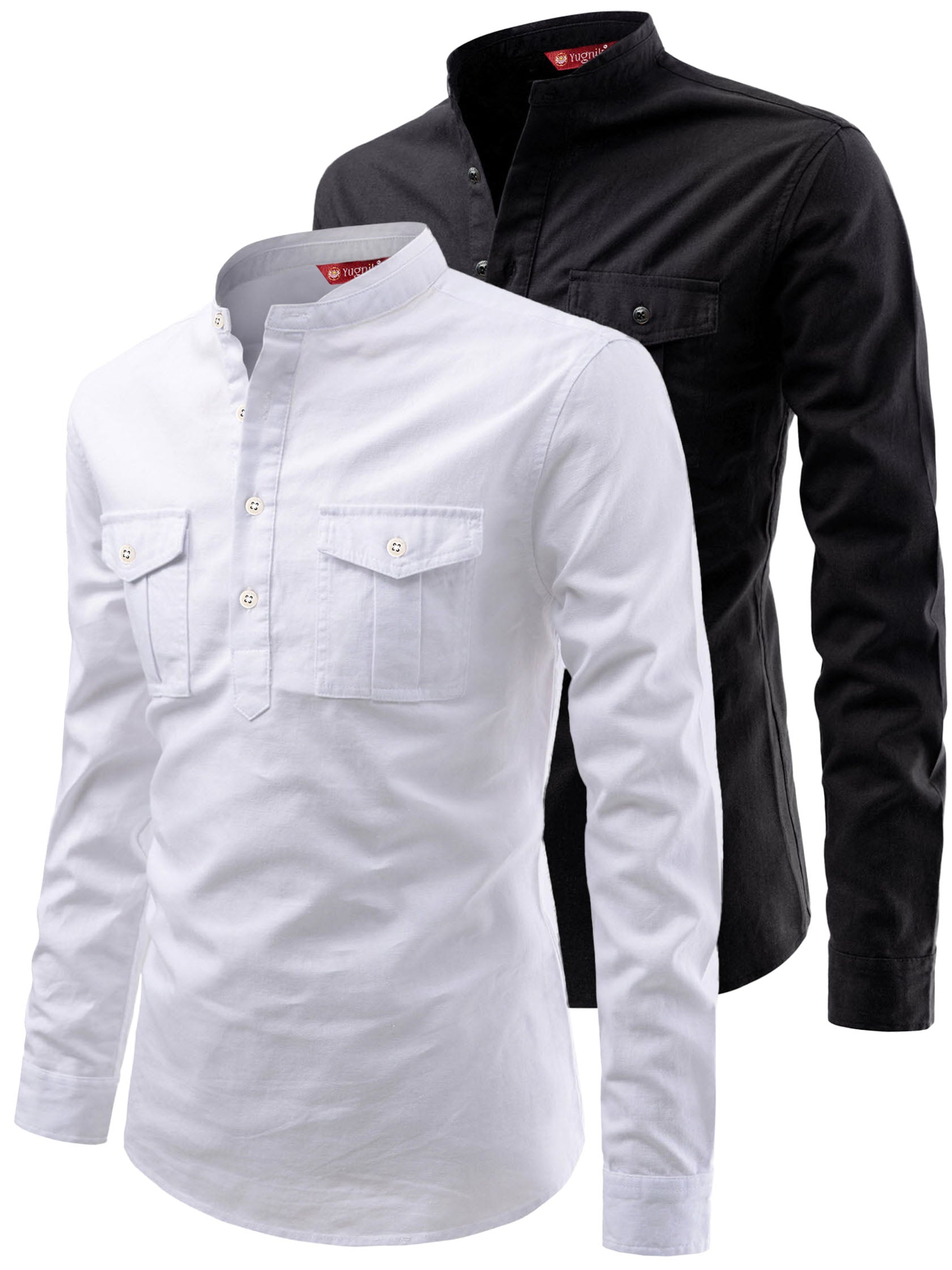FireFish Men's Slim Fit Double Pocket Beige With Black Cotton Short Kurta Pack 2