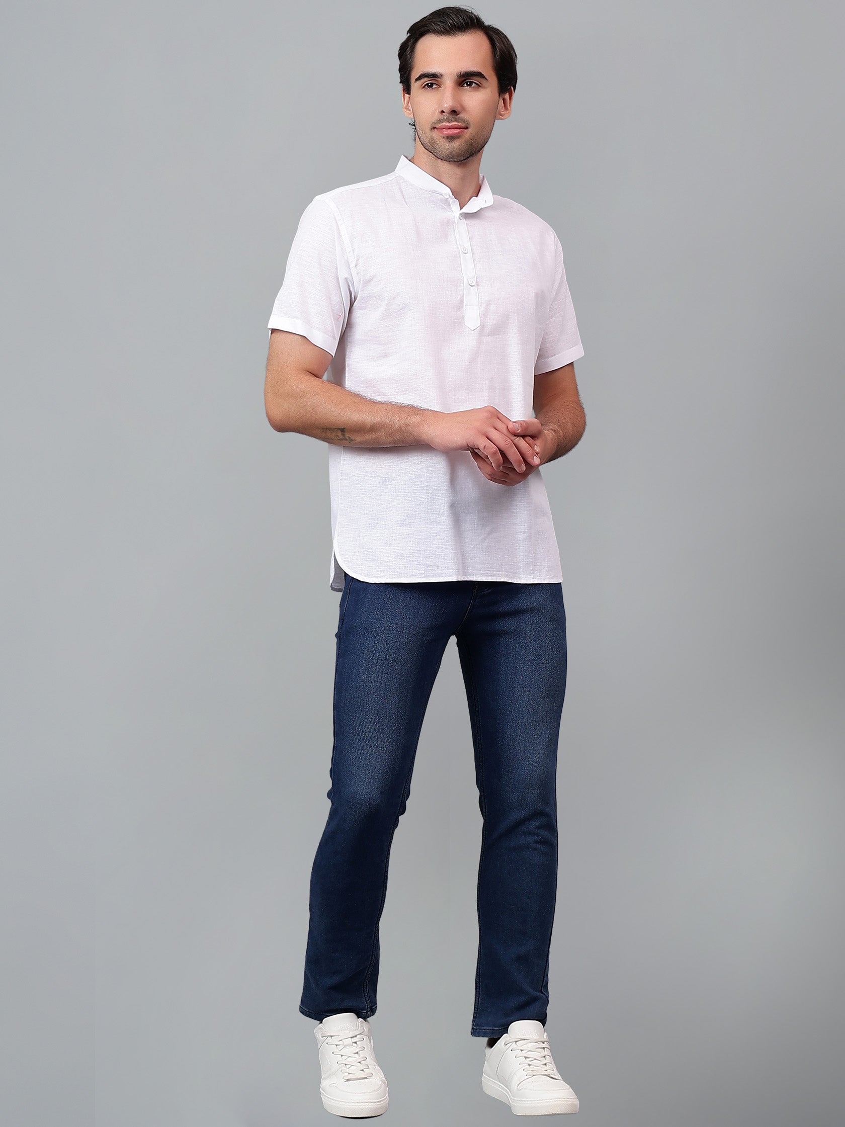 FireFish Men's Slim Fit Beige with Black Color Pure Cotton Half Sleeve Short Kurta Pack 2