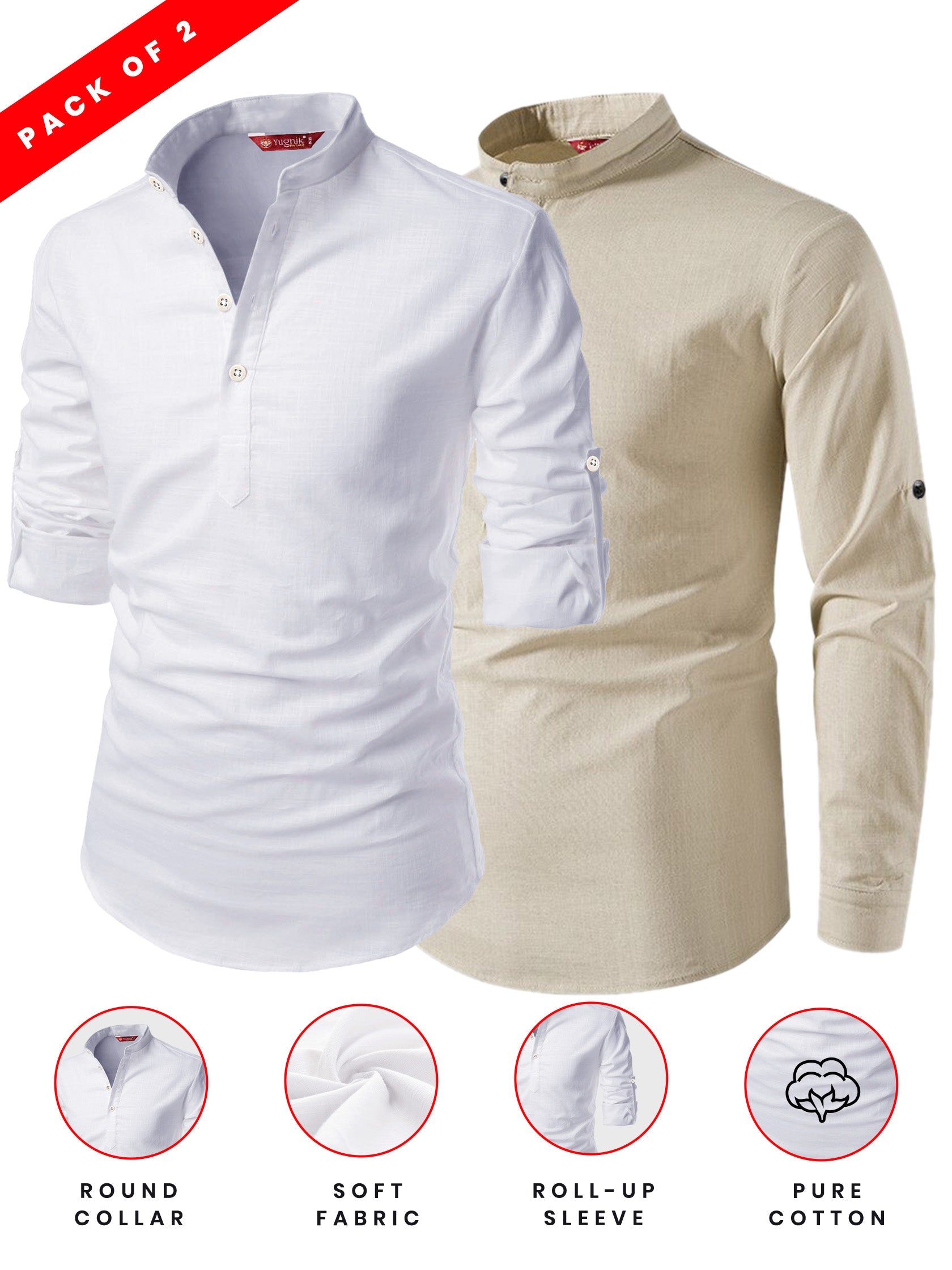 FireFish Men's Slim Fit Grey with White Color Cotton Short Kurta Pack 2