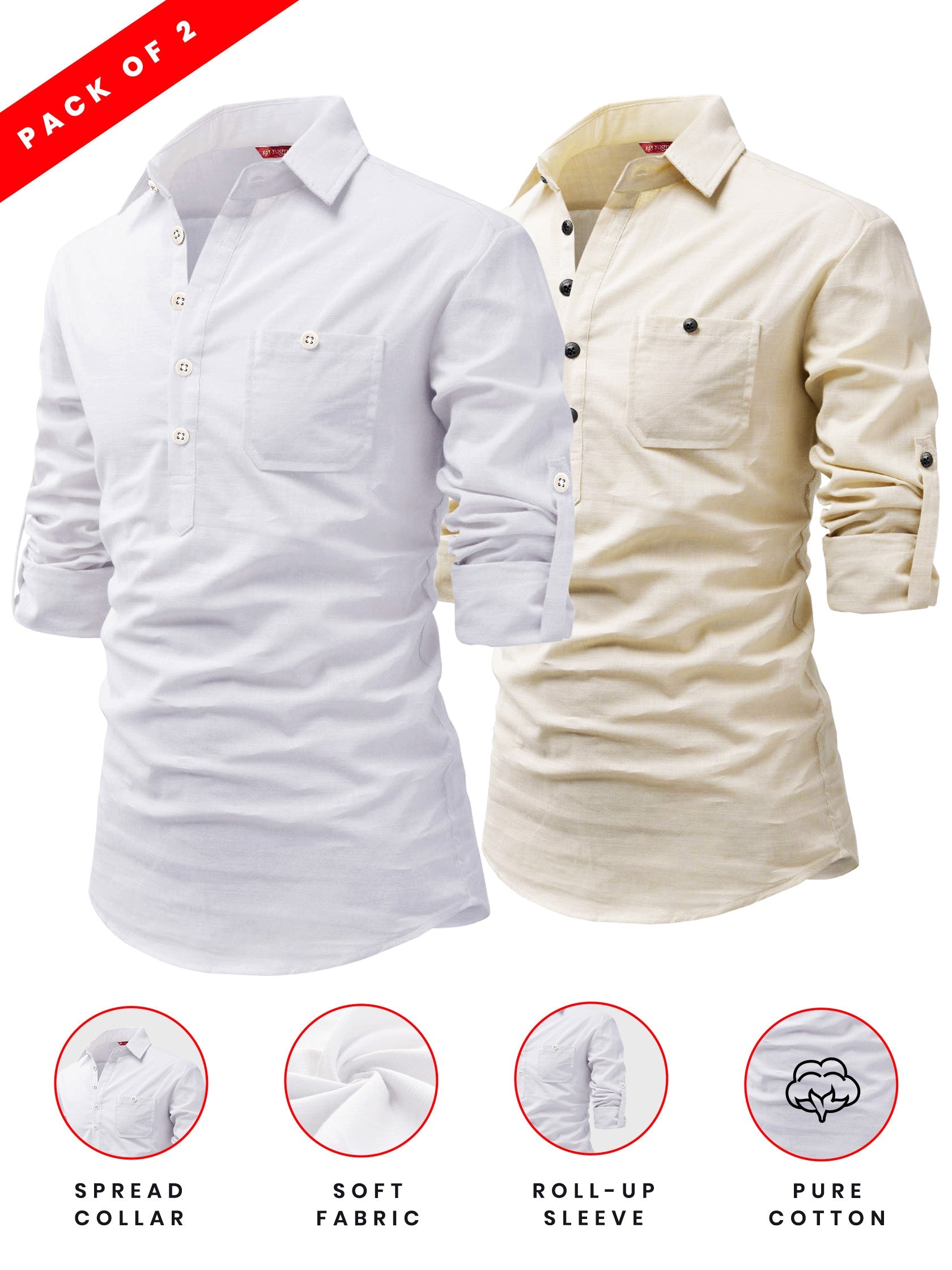 FireFish Men's Slim Fit Light Pista with White Cotton Short Kurta Pack 2