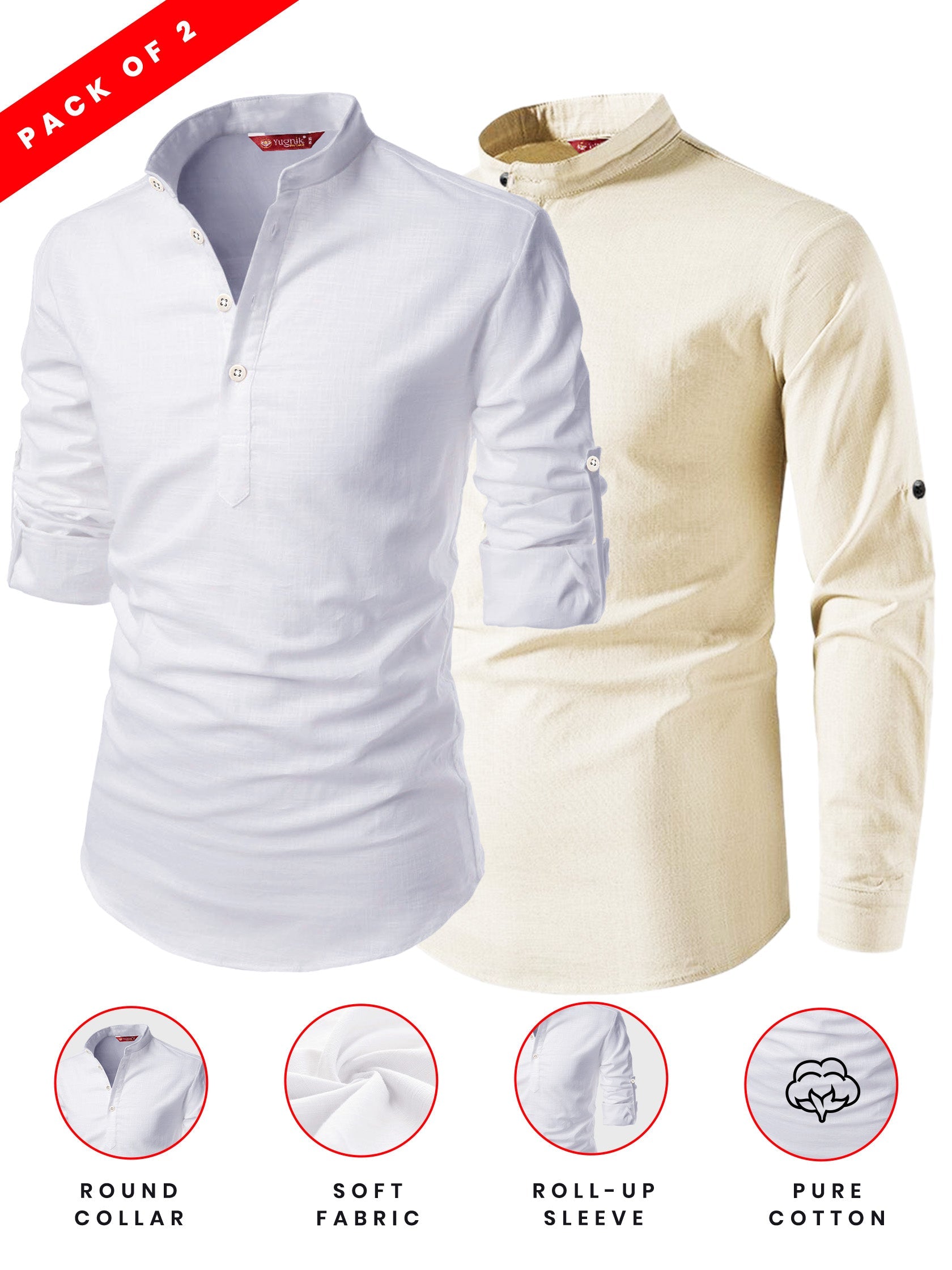 FireFish Men's Slim Fit Dark Yellow with White Color Cotton Short Kurta Pack 2