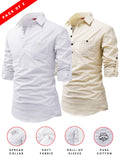 FireFish Men's Slim Fit Light Pista with White Cotton Short Kurta Pack 2