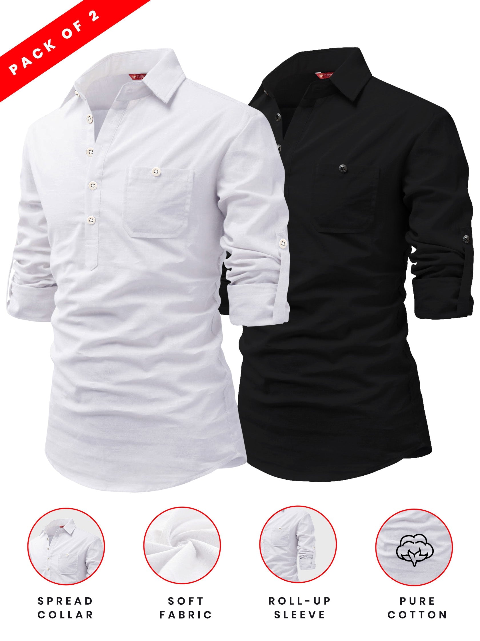 FireFish Men's Slim Fit Dark Teal With White Cotton Short Kurta Pack 2