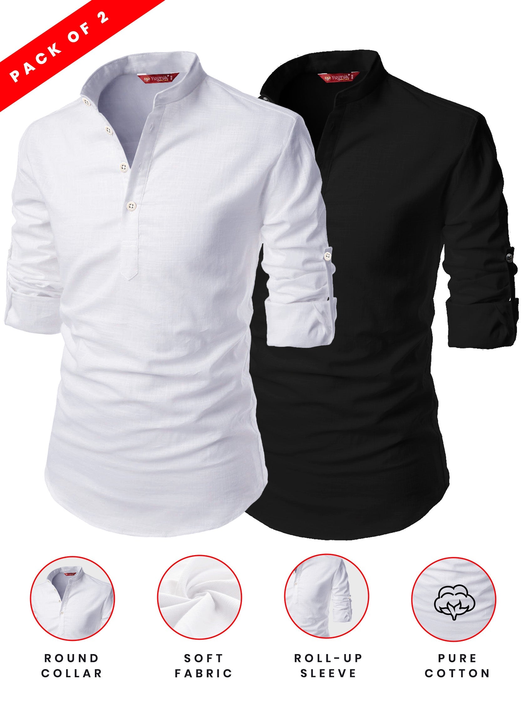 FireFish Men's Slim Fit Grey with White Color Cotton Short Kurta Pack 2