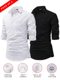 FireFish Men's Slim Fit Dark Teal With White Cotton Short Kurta Pack 2