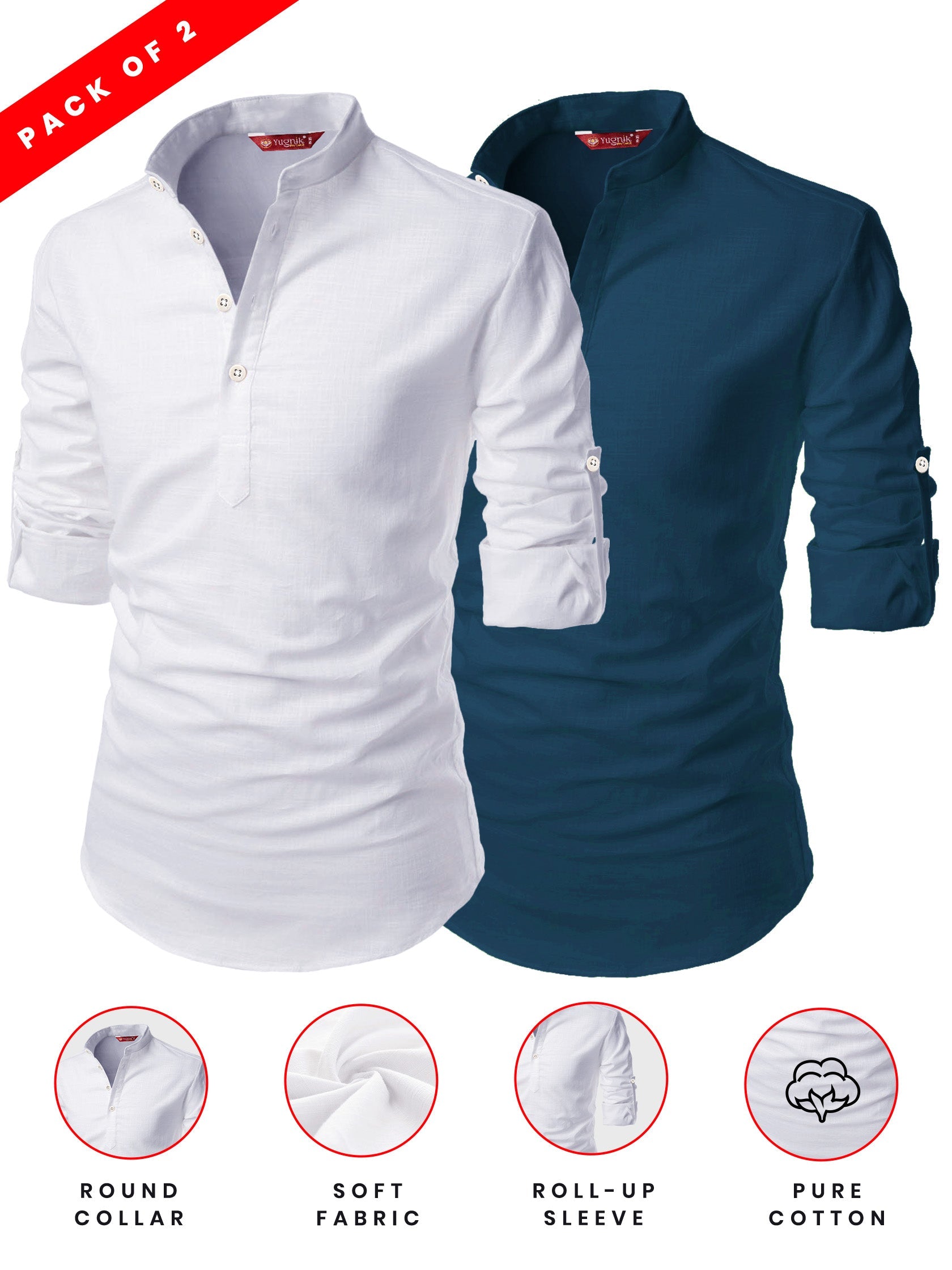 FireFish Men's Slim Fit Grey with White Color Cotton Short Kurta Pack 2
