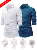 FireFish Men's Slim Fit Dark Teal With White Cotton Short Kurta Pack 2