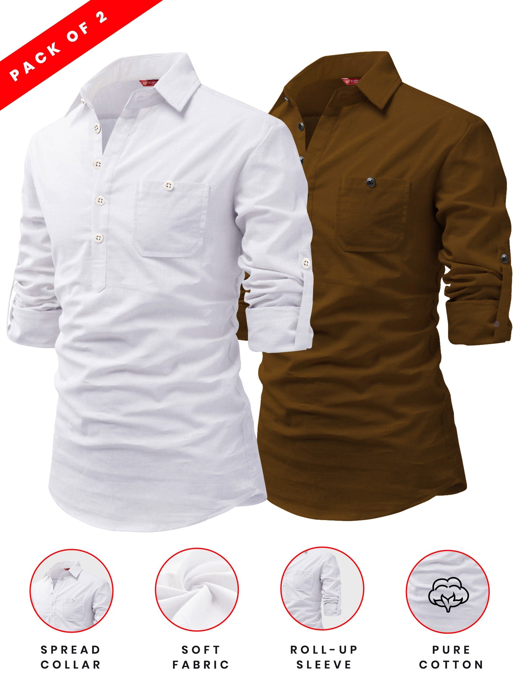 FireFish Men's Slim Fit Dark Teal With White Cotton Short Kurta Pack 2