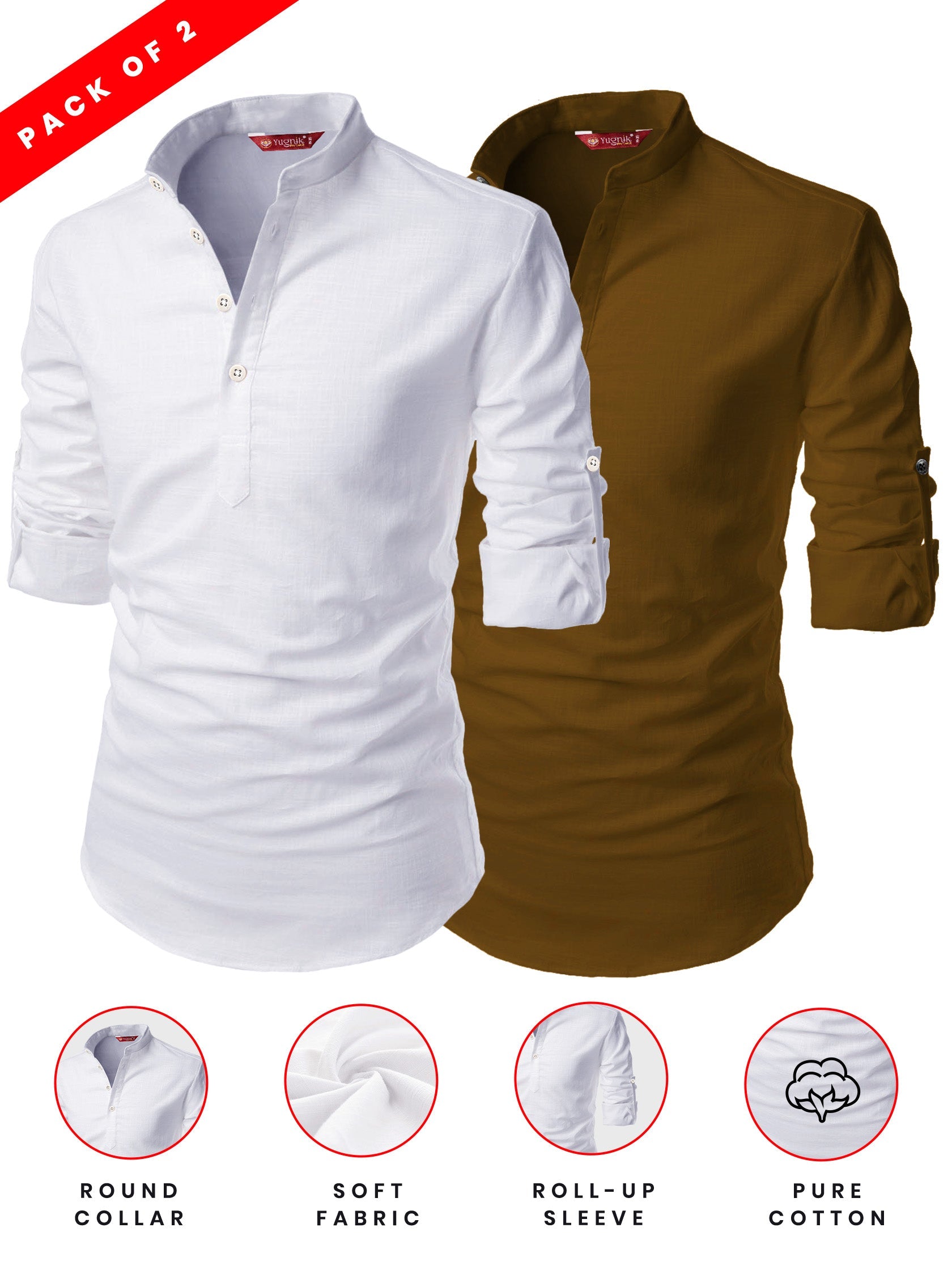 FireFish Men's Slim Fit Grey with White Color Cotton Short Kurta Pack 2