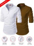 FireFish Men's Slim Fit Grey with White Color Cotton Short Kurta Pack 2