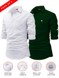 FireFish Men's Slim Fit Dark Teal With White Cotton Short Kurta Pack 2