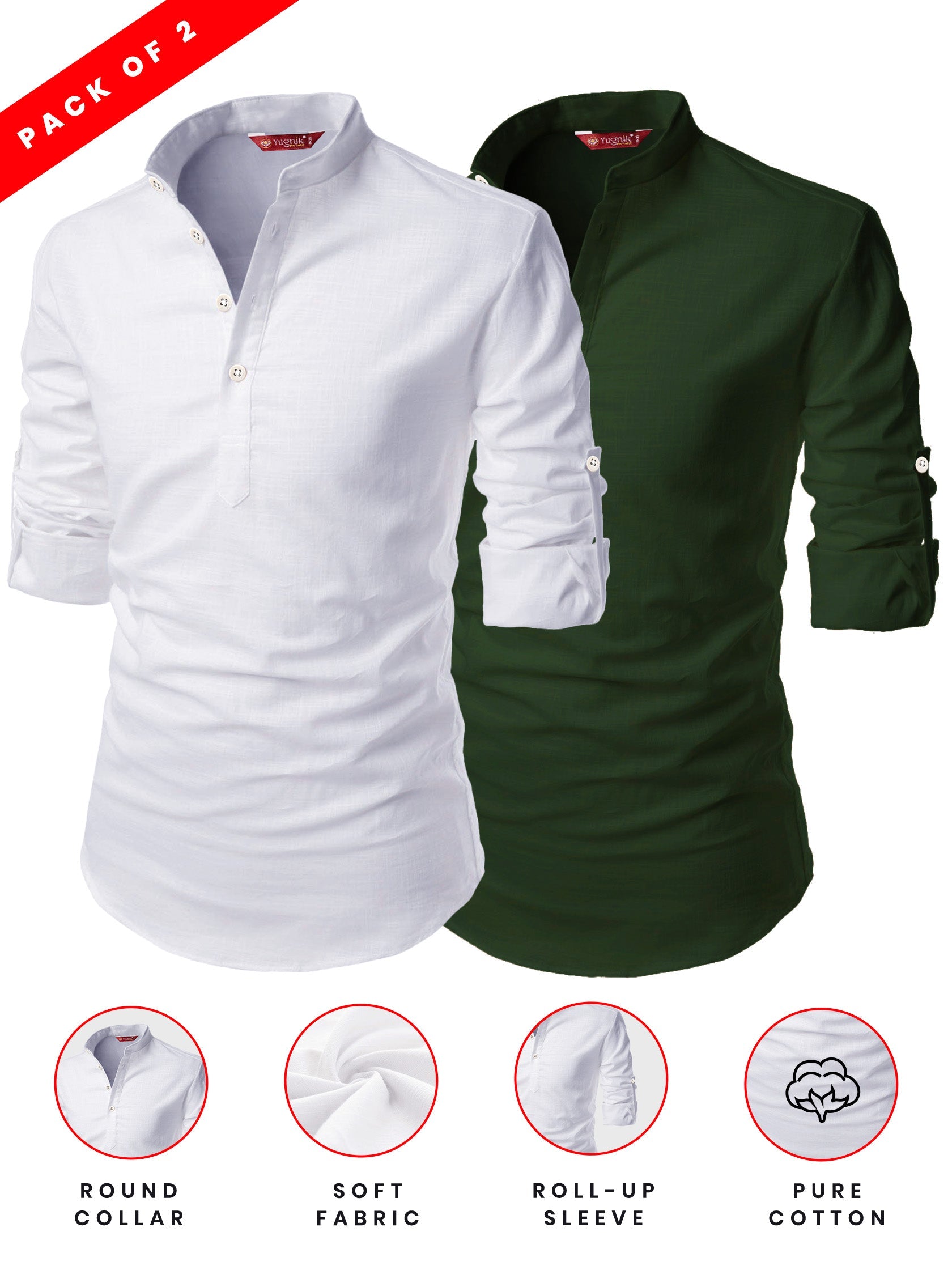 FireFish Men's Slim Fit Grey with White Color Cotton Short Kurta Pack 2
