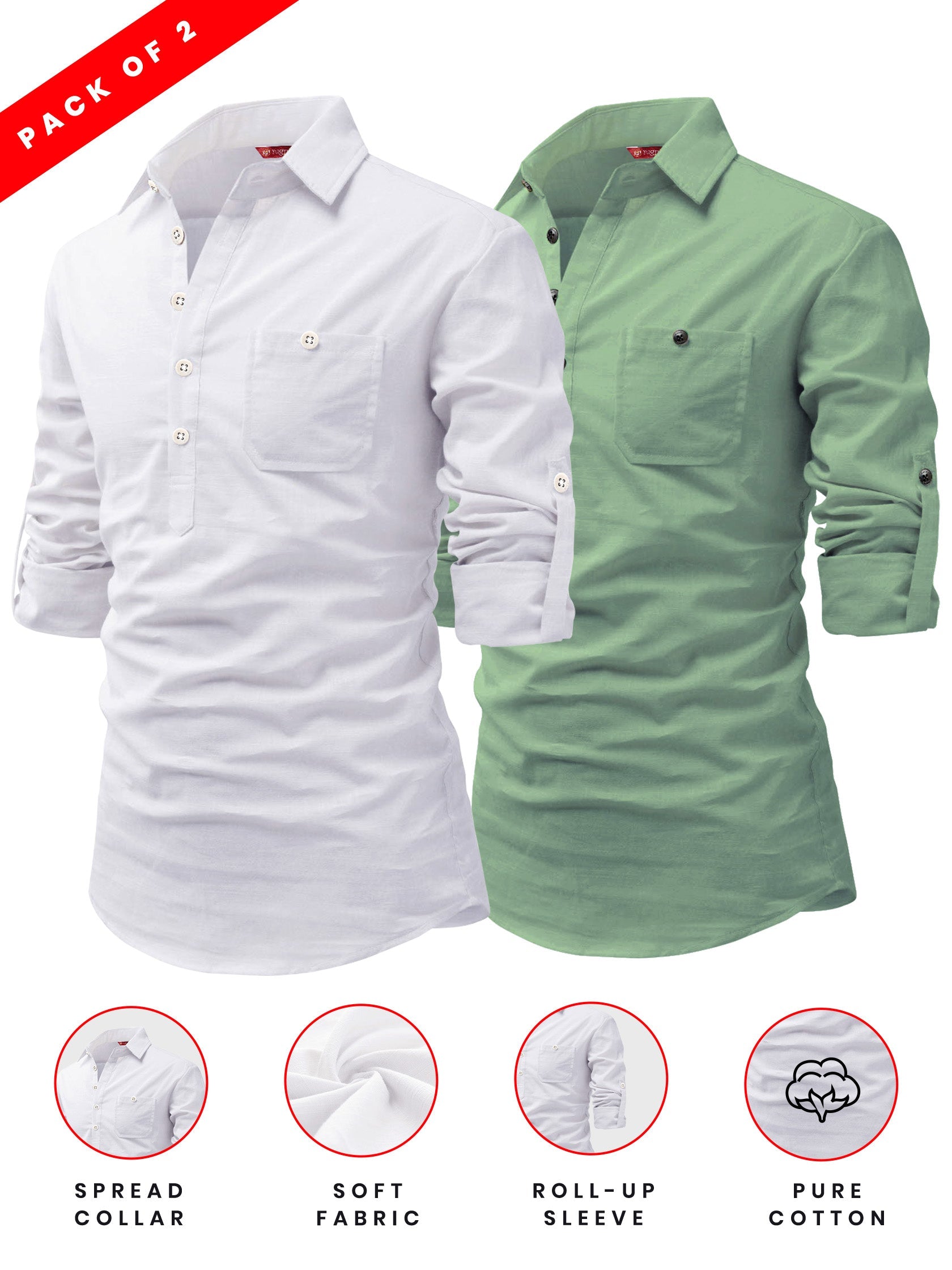 FireFish Men's Slim Fit Dark Teal With White Cotton Short Kurta Pack 2