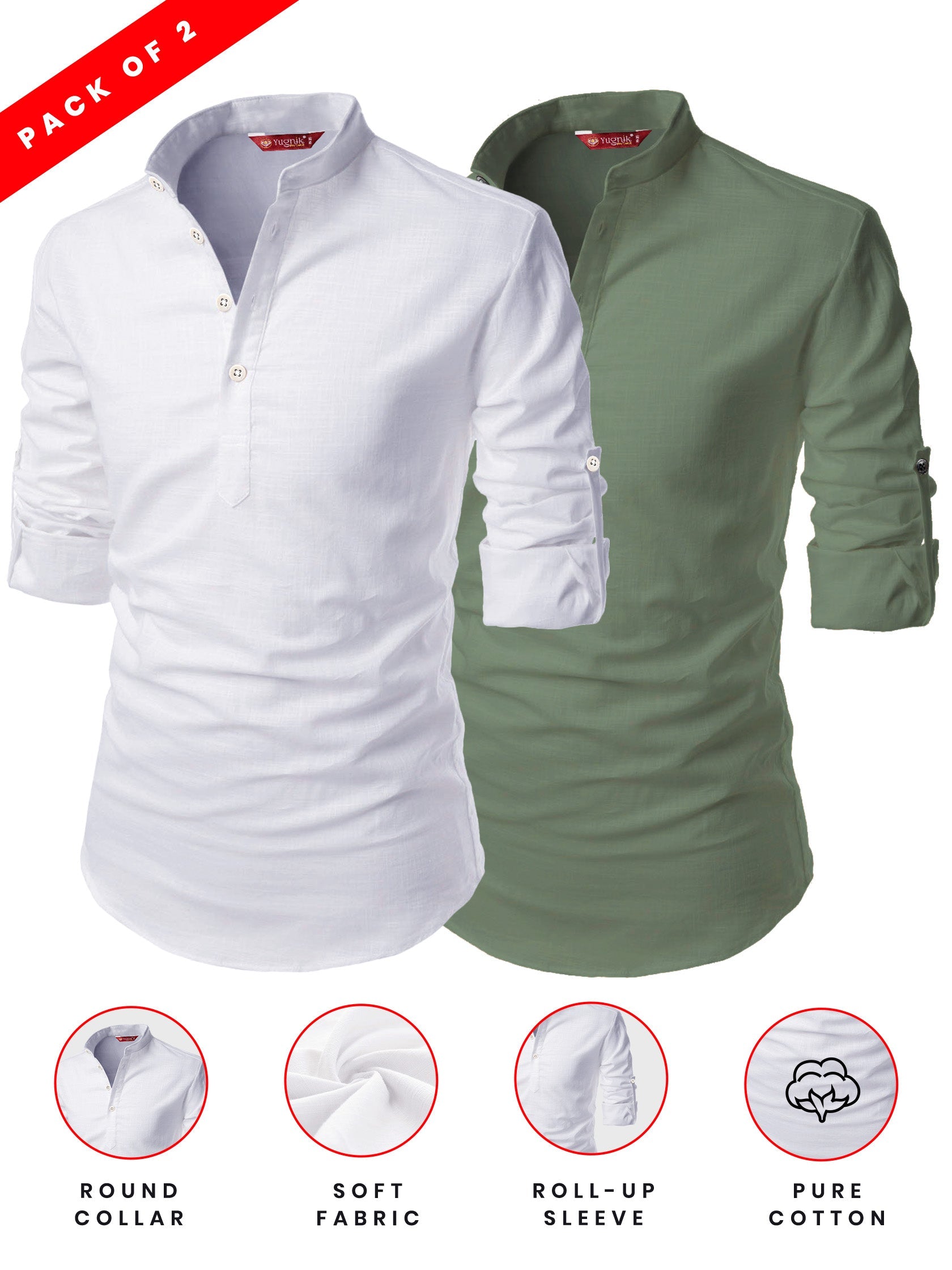 FireFish Men's Slim Fit Grey with White Color Cotton Short Kurta Pack 2
