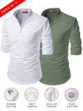 FireFish Men's Slim Fit Grey with White Color Cotton Short Kurta Pack 2