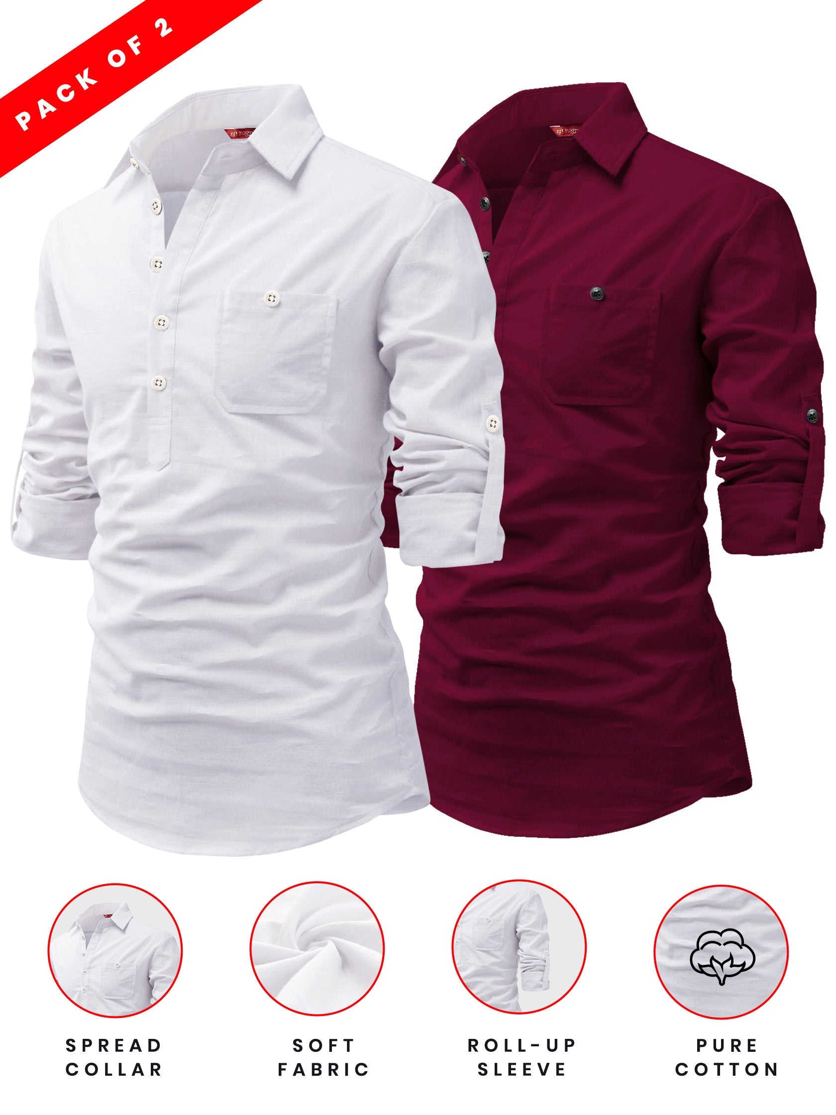 FireFish Men's Slim Fit Dark Teal With White Cotton Short Kurta Pack 2