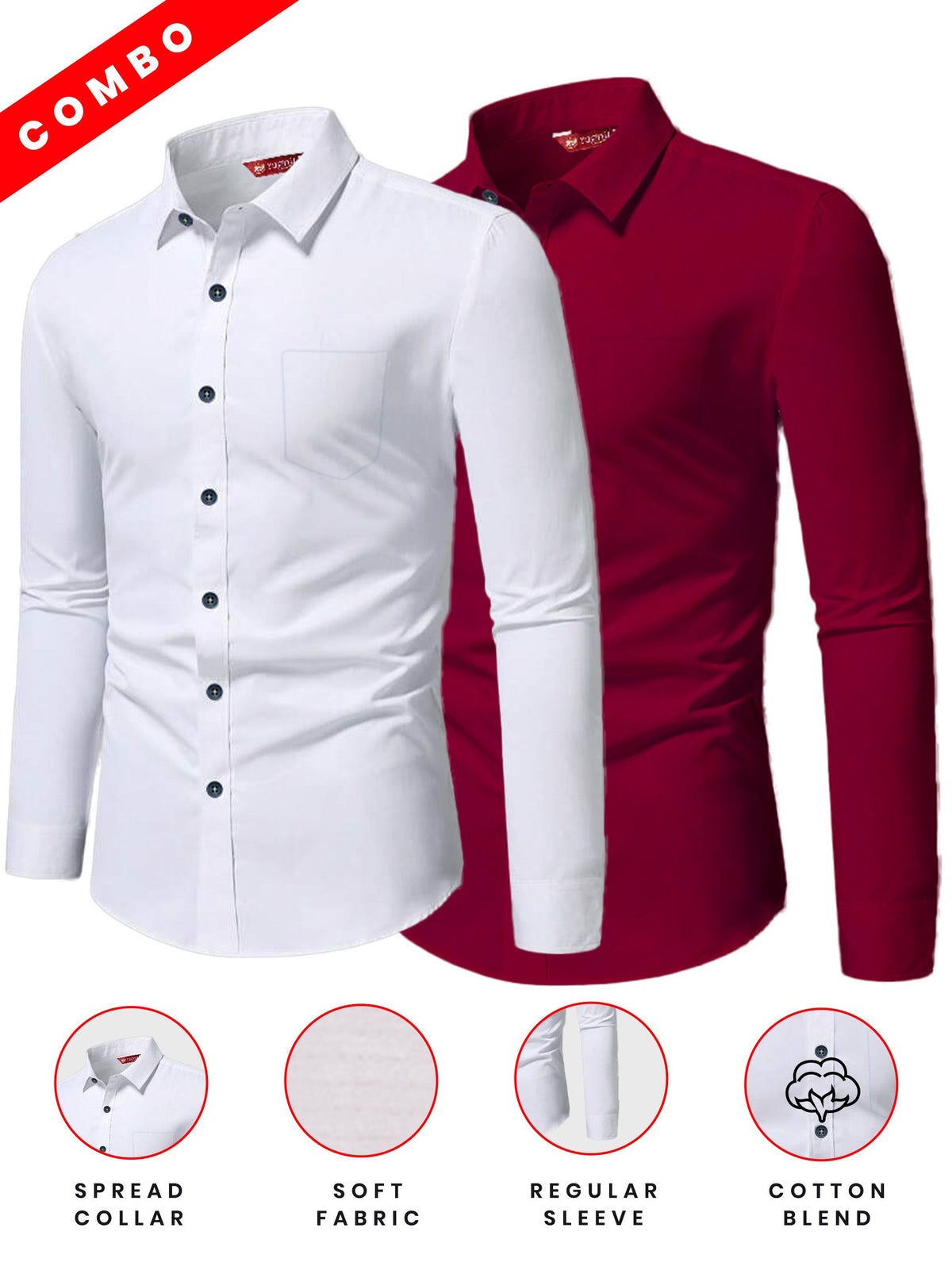 FireFish Men's Slim Fit Beige with White Color Cotton Blend Formal Shirt Pack 2