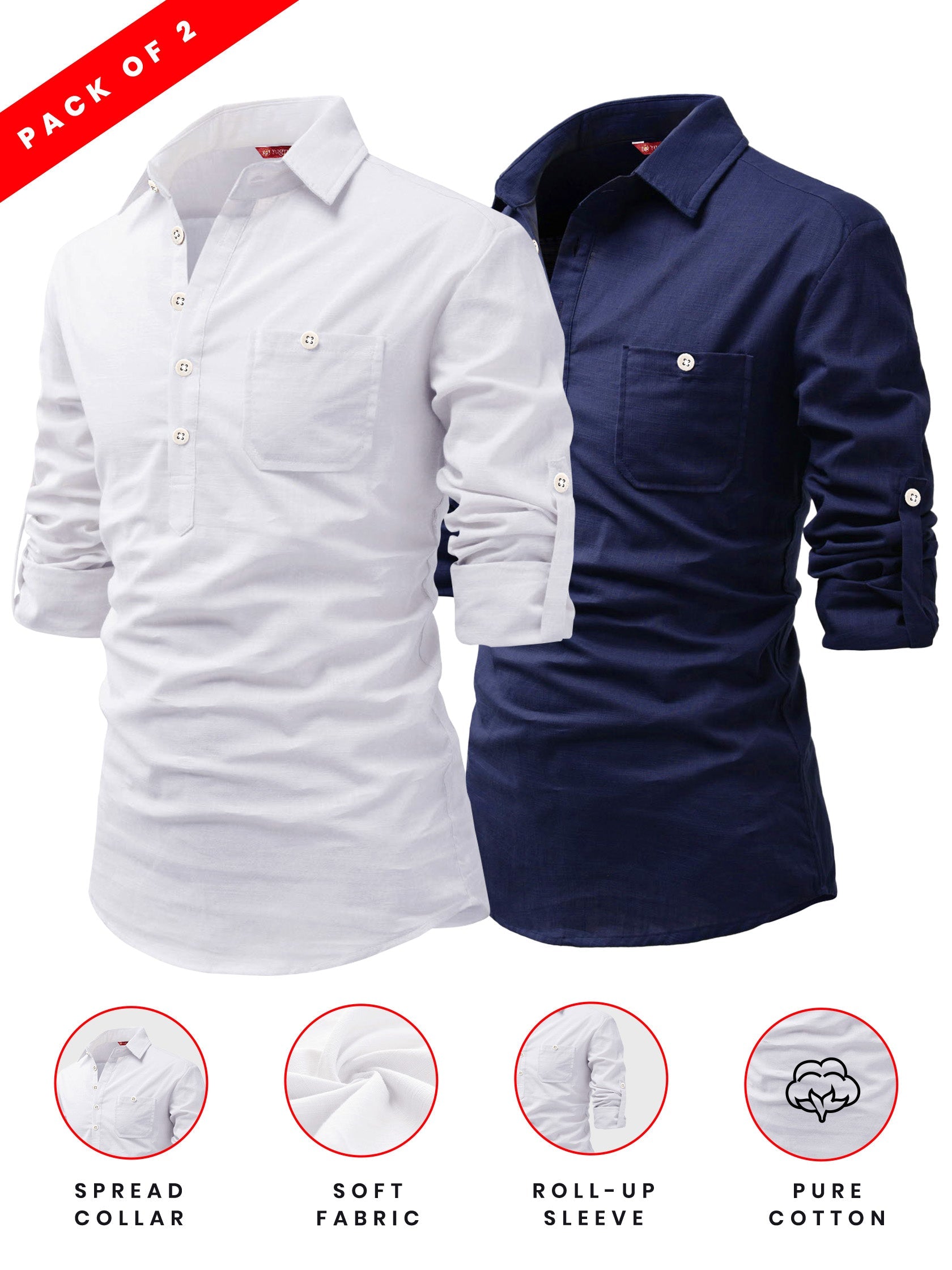 FireFish Men's Slim Fit Dark Teal With White Cotton Short Kurta Pack 2