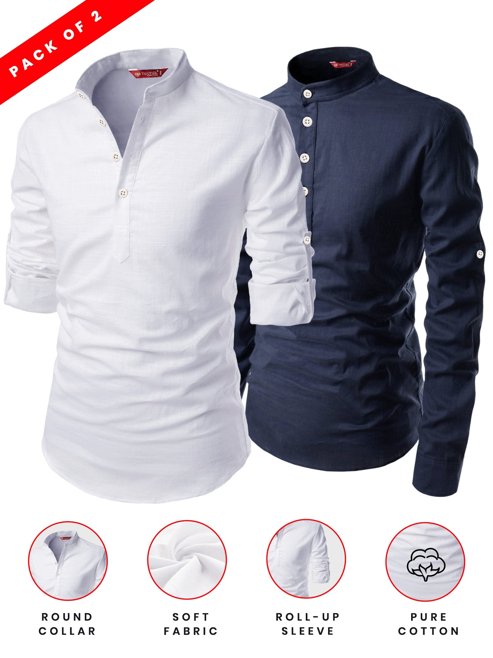 FireFish Men's Slim Fit Grey with White Color Cotton Short Kurta Pack 2