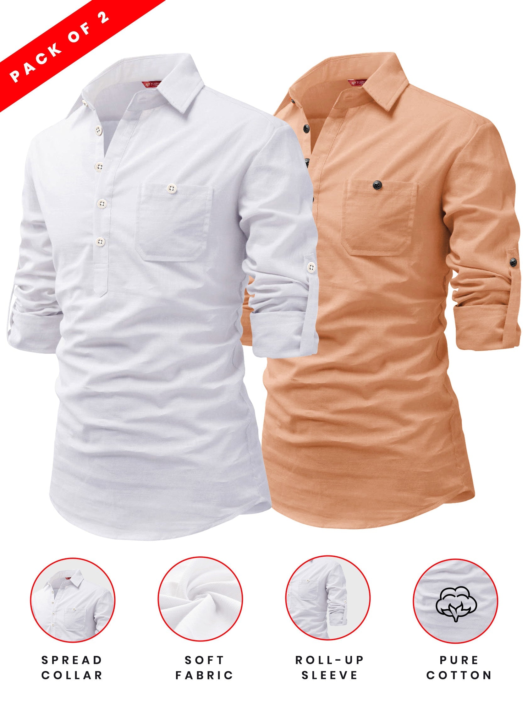 FireFish Men's Slim Fit Dark Teal With White Cotton Short Kurta Pack 2