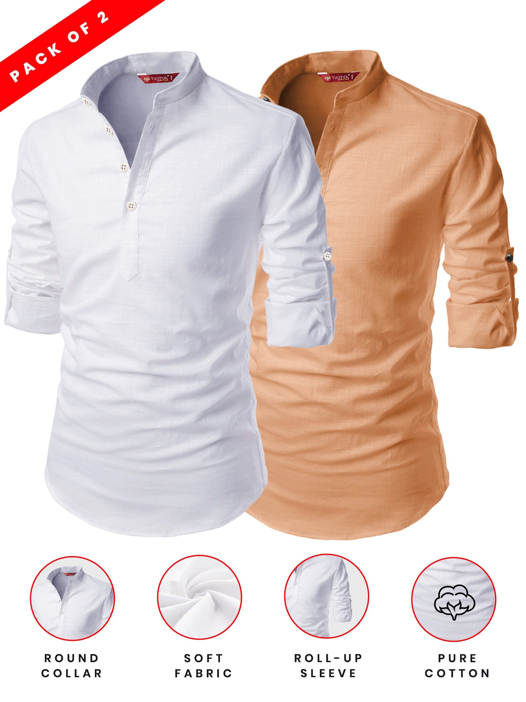 FireFish Men's Slim Fit Grey with White Color Cotton Short Kurta Pack 2