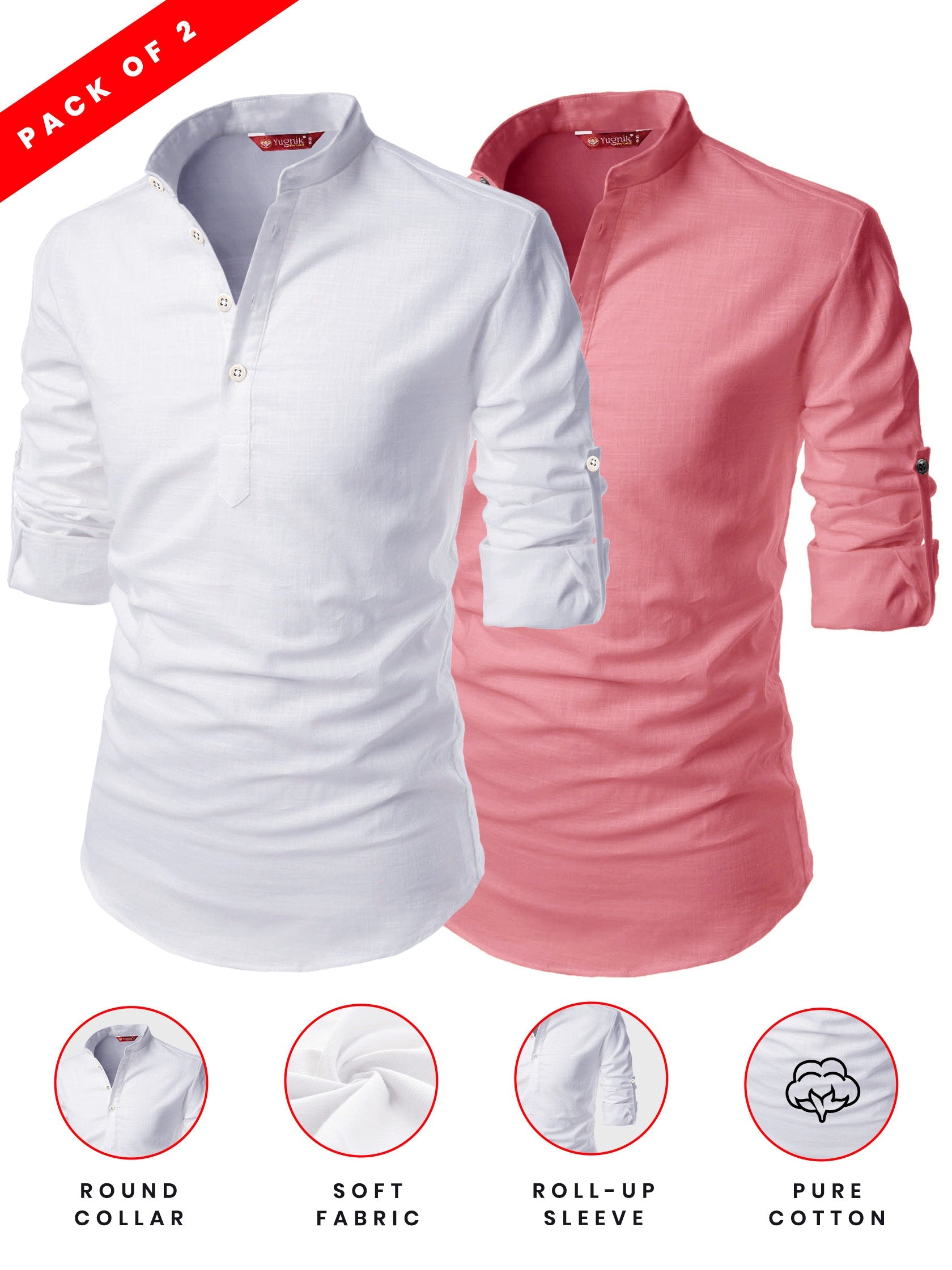 FireFish Men's Slim Fit Grey with White Color Cotton Short Kurta Pack 2