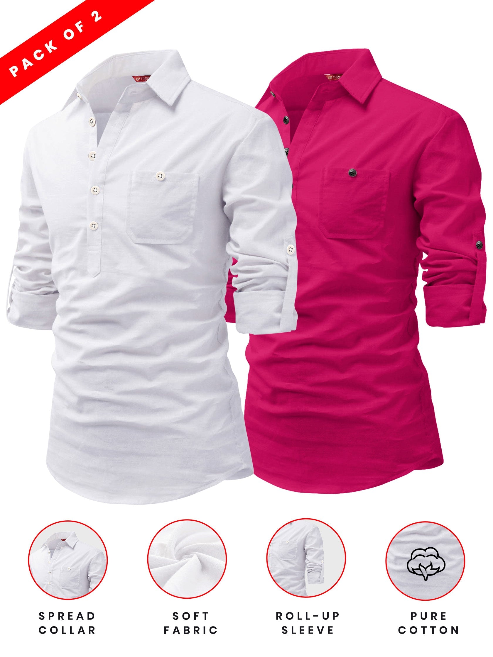 FireFish Men's Slim Fit Light Pista with White Cotton Short Kurta Pack 2