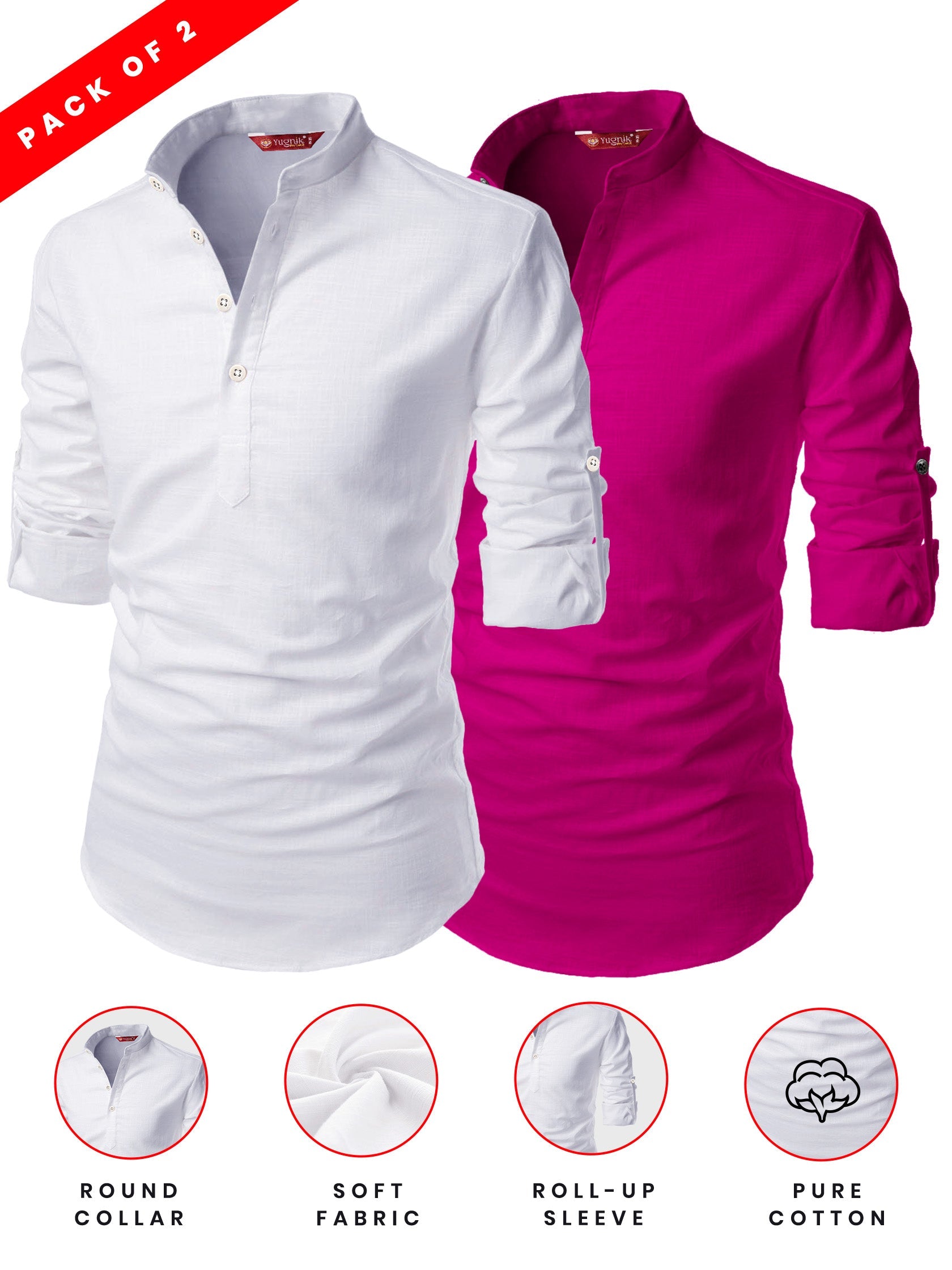 FireFish Men's Slim Fit Dark Yellow with White Color Cotton Short Kurta Pack 2