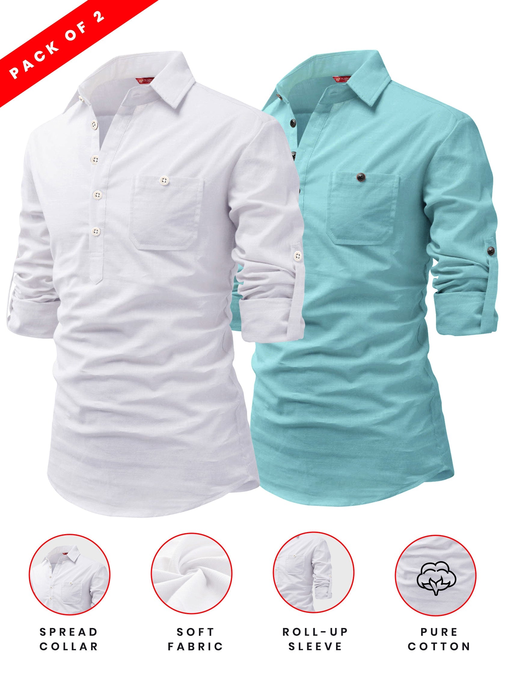 FireFish Men's Slim Fit Dark Teal With White Cotton Short Kurta Pack 2
