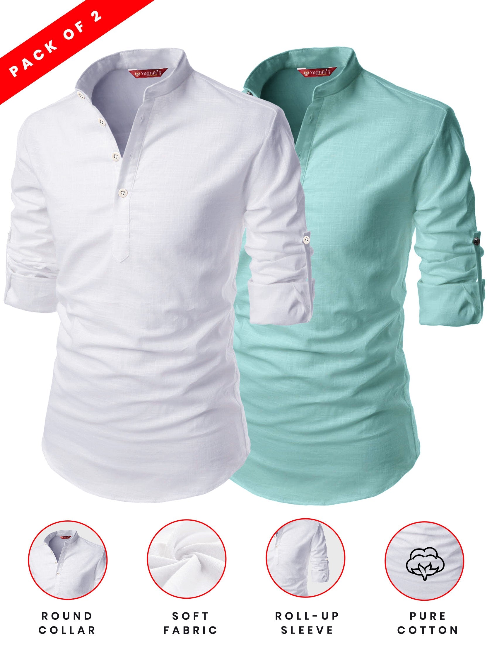 FireFish Men's Slim Fit Grey with White Color Cotton Short Kurta Pack 2