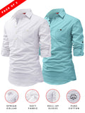 FireFish Men's Slim Fit Dark Teal With White Cotton Short Kurta Pack 2
