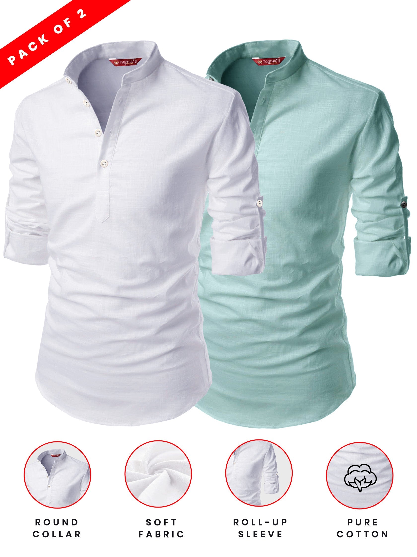 FireFish Men's Slim Fit Dark Yellow with White Color Cotton Short Kurta Pack 2