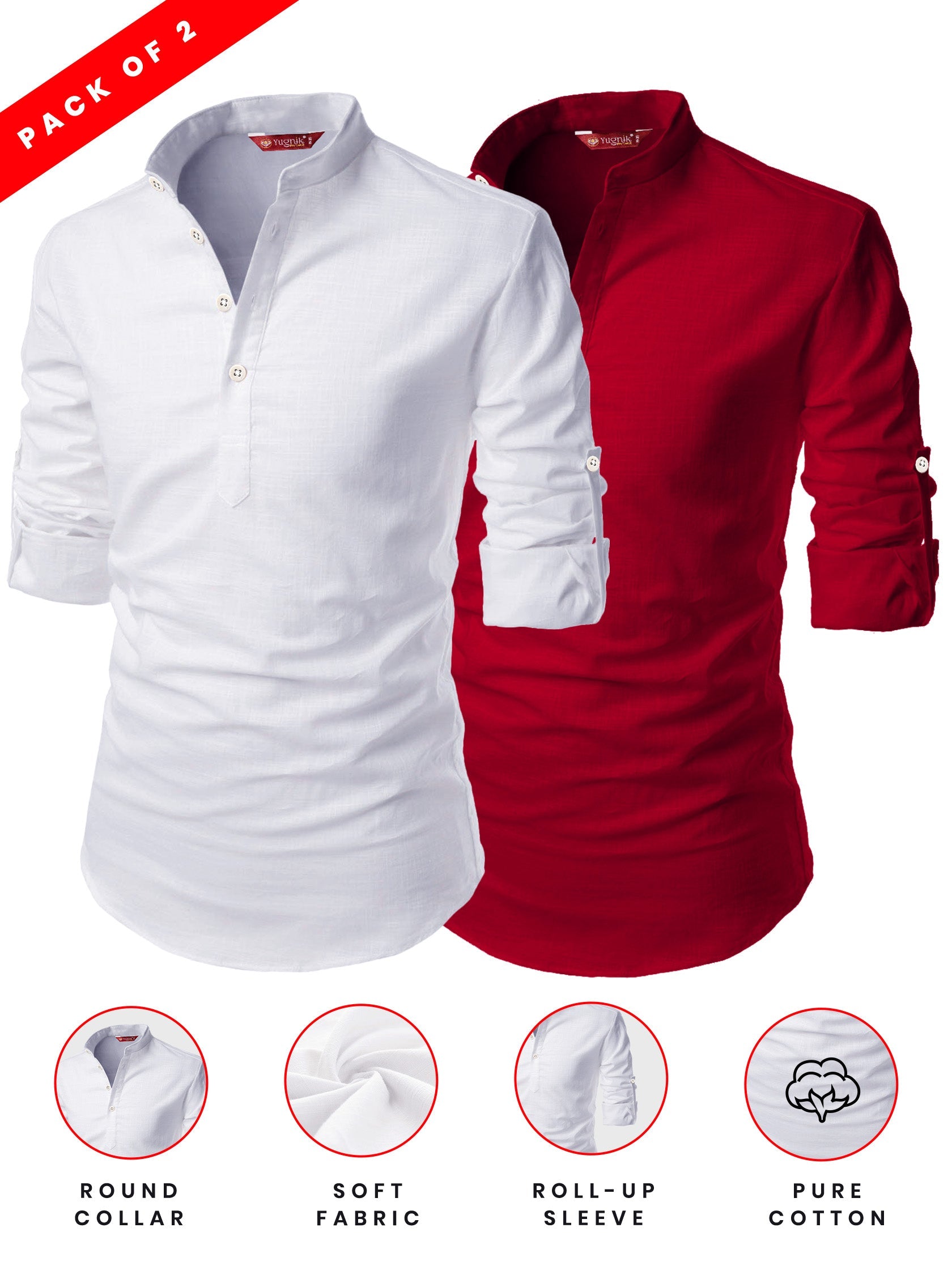 FireFish Men's Slim Fit Grey with White Color Cotton Short Kurta Pack 2