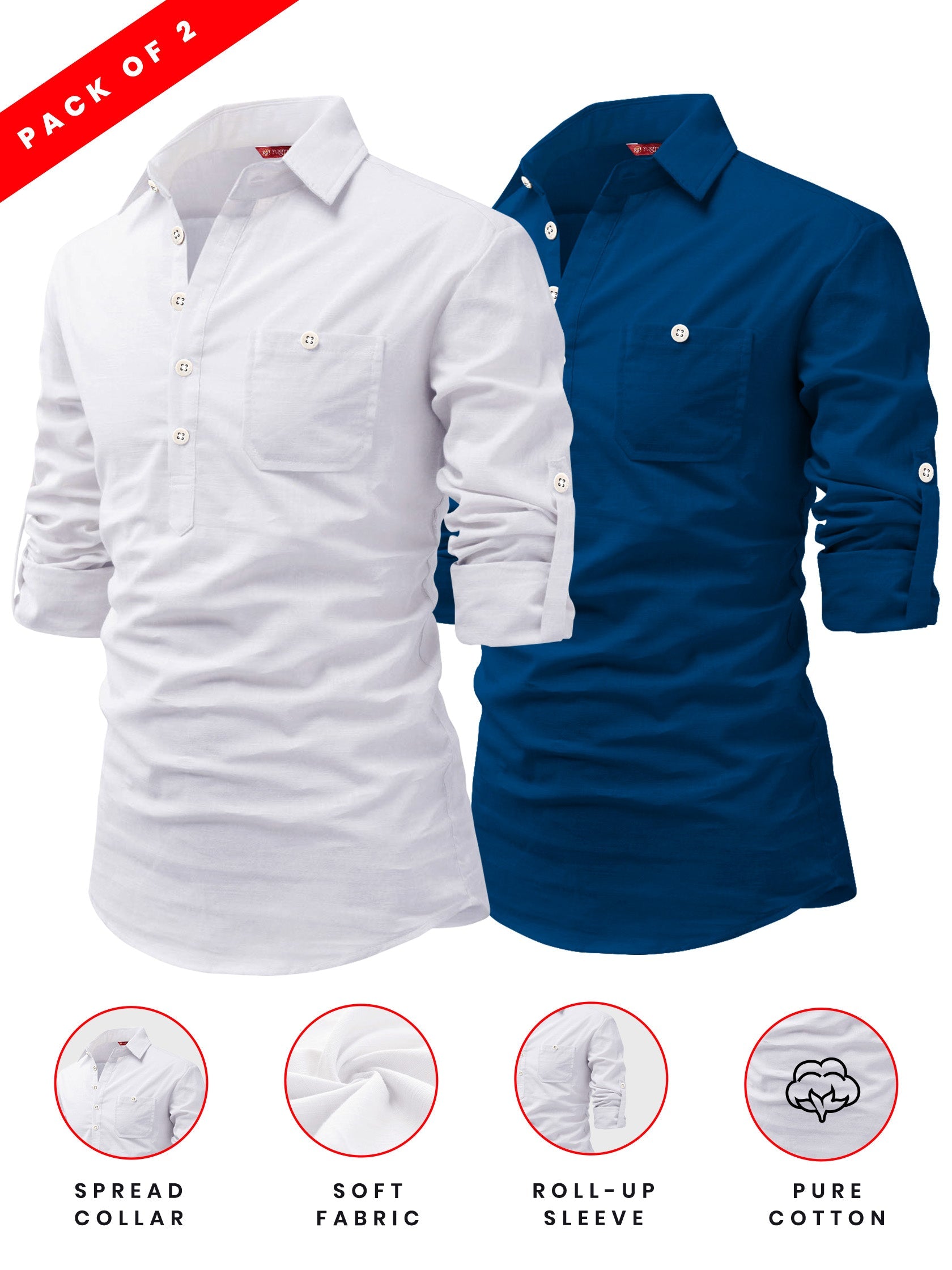 FireFish Men's Slim Fit Dark Teal With White Cotton Short Kurta Pack 2
