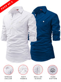 FireFish Men's Slim Fit Dark Teal With White Cotton Short Kurta Pack 2