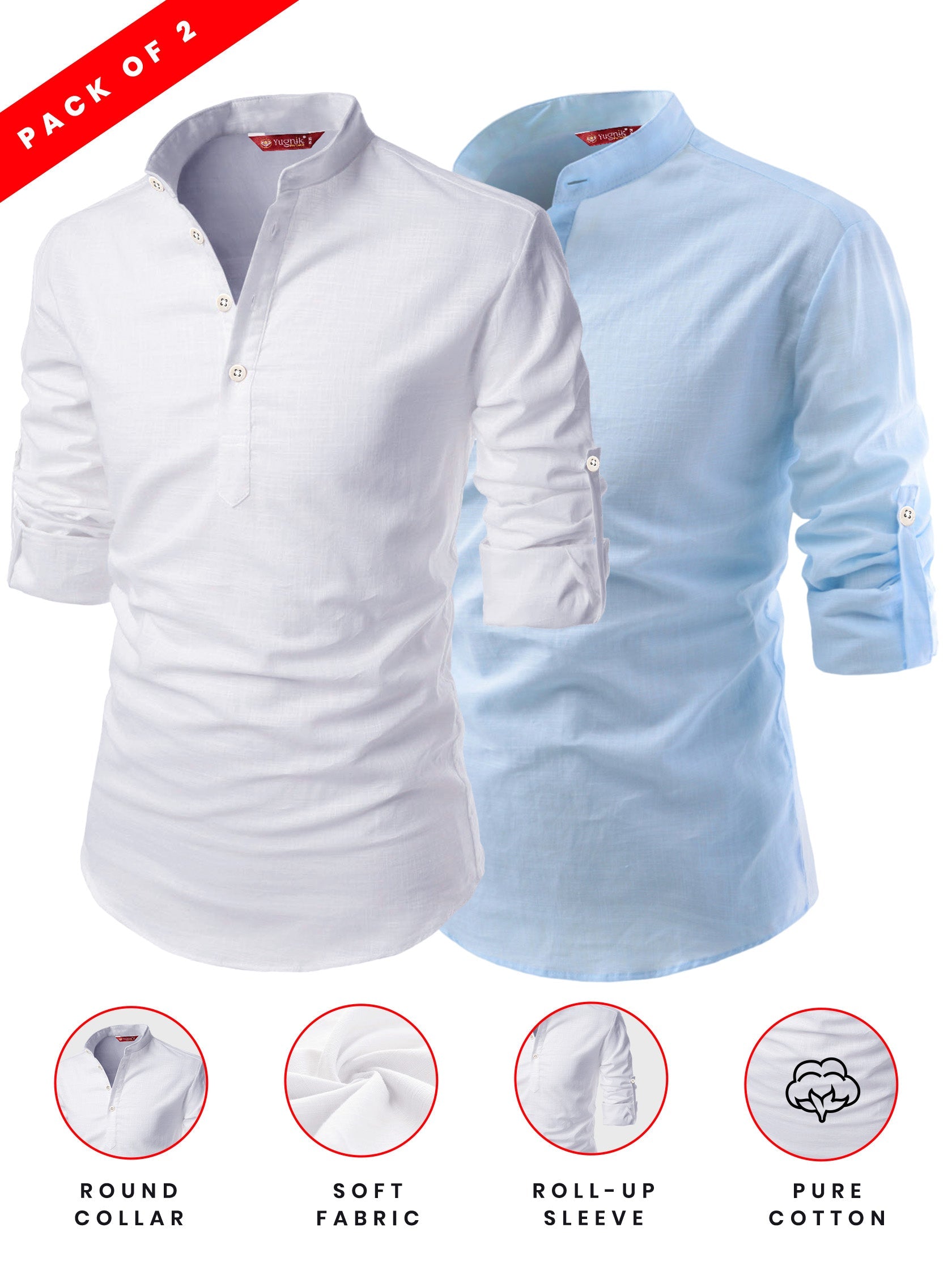 FireFish Men's Slim Fit Grey with White Color Cotton Short Kurta Pack 2