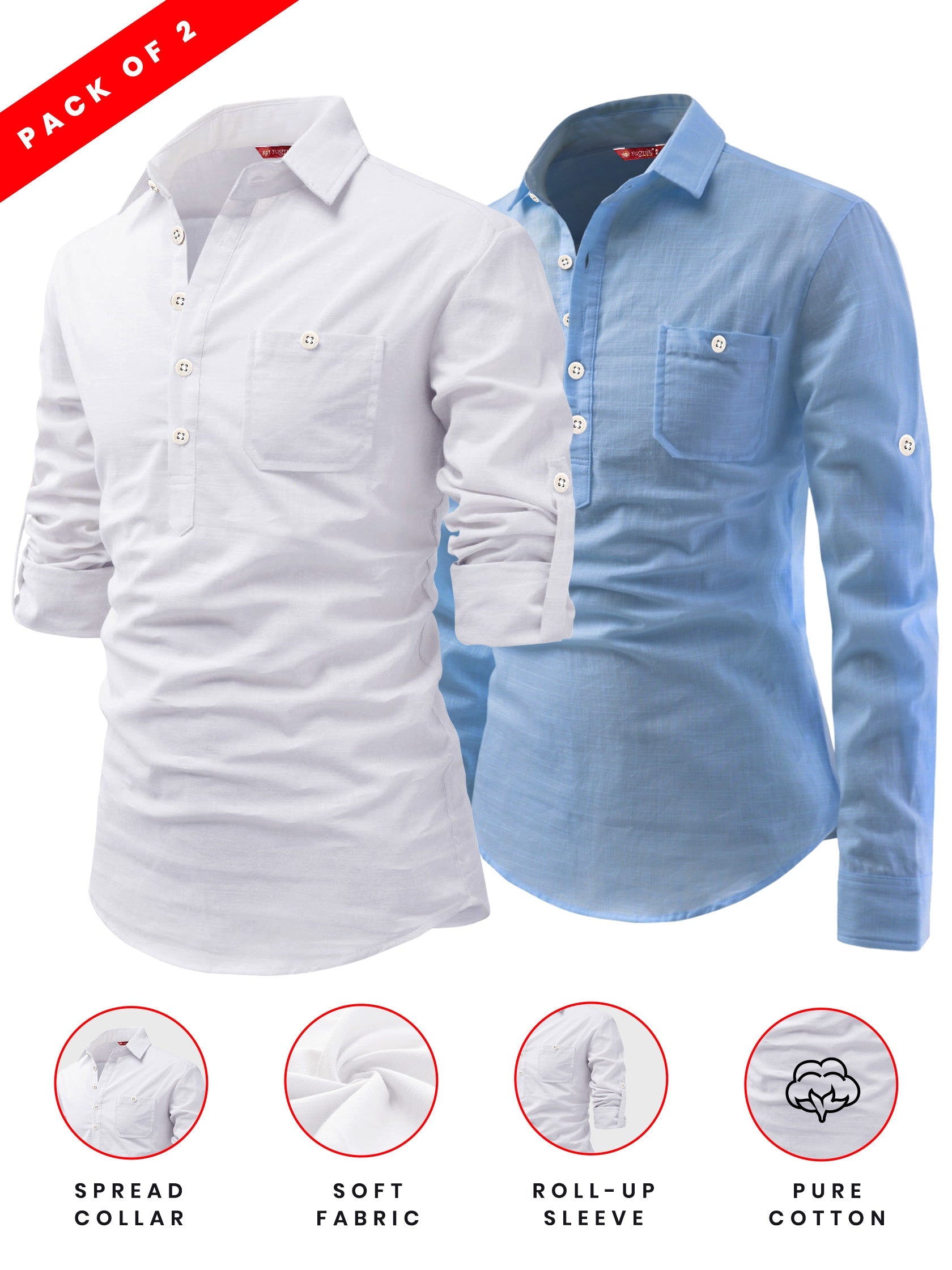 FireFish Men's Slim Fit Dark Teal With White Cotton Short Kurta Pack 2