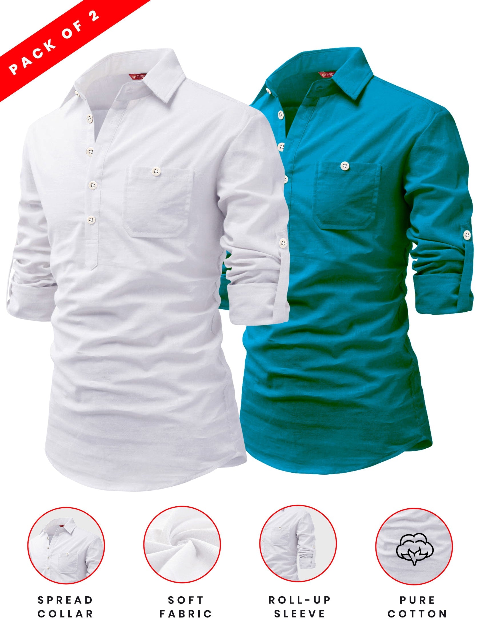 FireFish Men's Slim Fit Dark Teal With White Cotton Short Kurta Pack 2