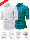 FireFish Men's Slim Fit Dark Teal With White Cotton Short Kurta Pack 2
