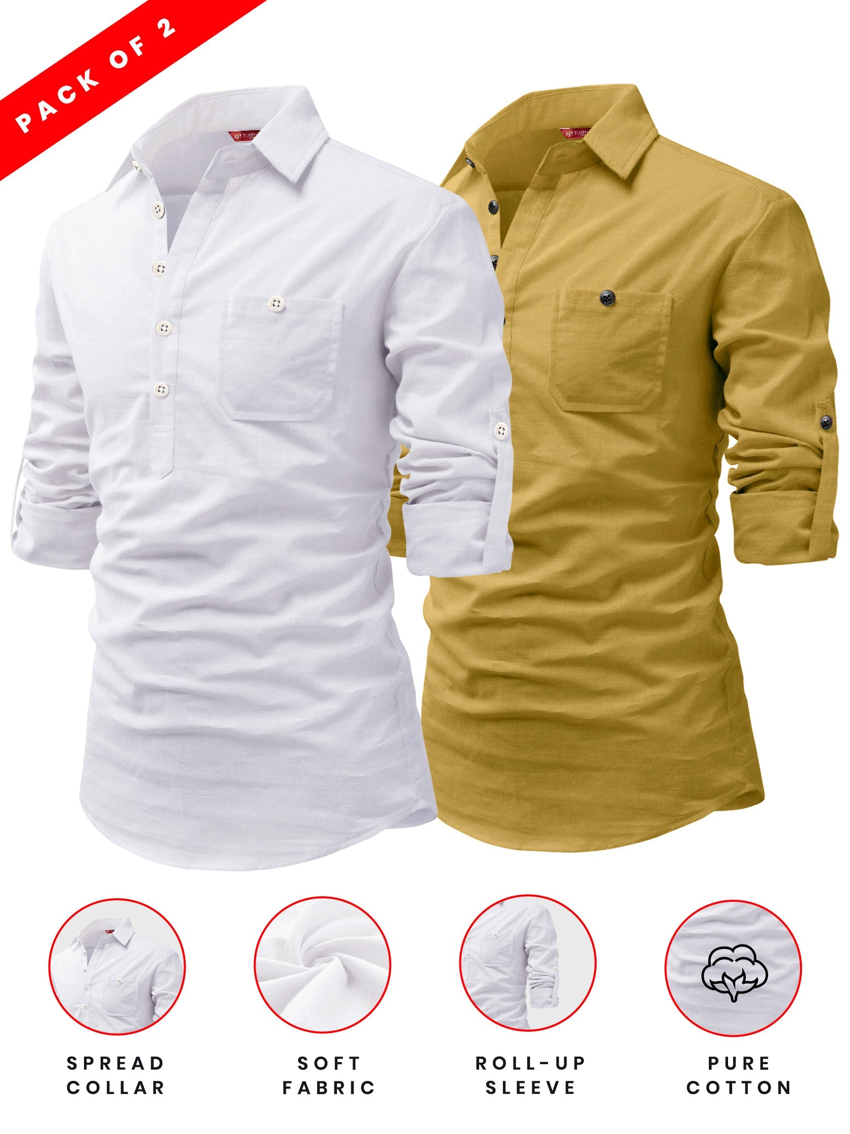 FireFish Men's Slim Fit Dark Teal With White Cotton Short Kurta Pack 2