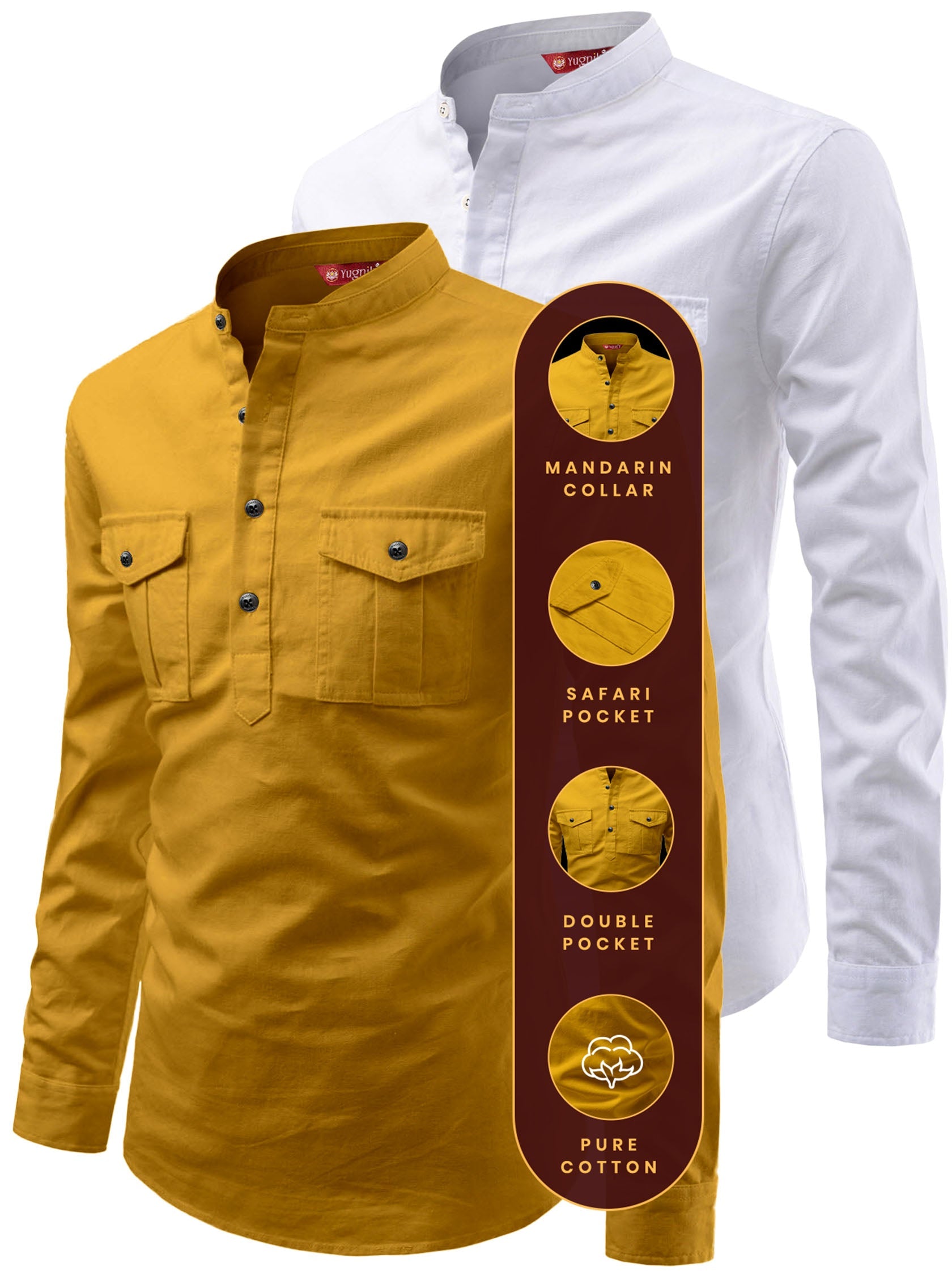 FireFish Men's Slim Fit Double Pocket Beige With White Cotton Short Kurta Pack 2