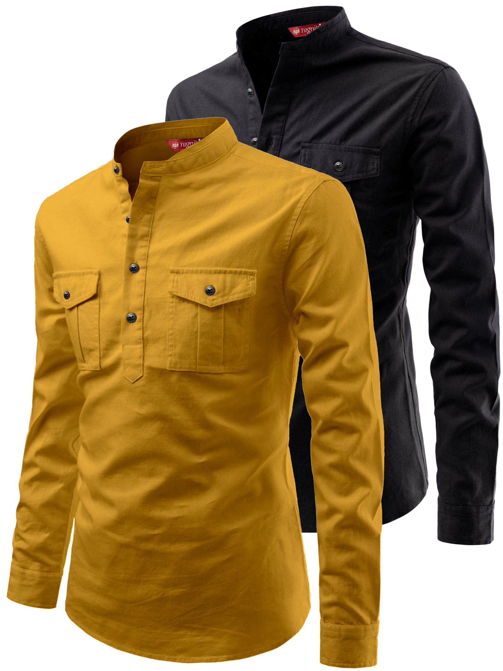 FireFish Men's Slim Fit Double Pocket Beige With Black Cotton Short Kurta Pack 2