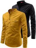 FireFish Men's Slim Fit Double Pocket Beige With Black Cotton Short Kurta Pack 2