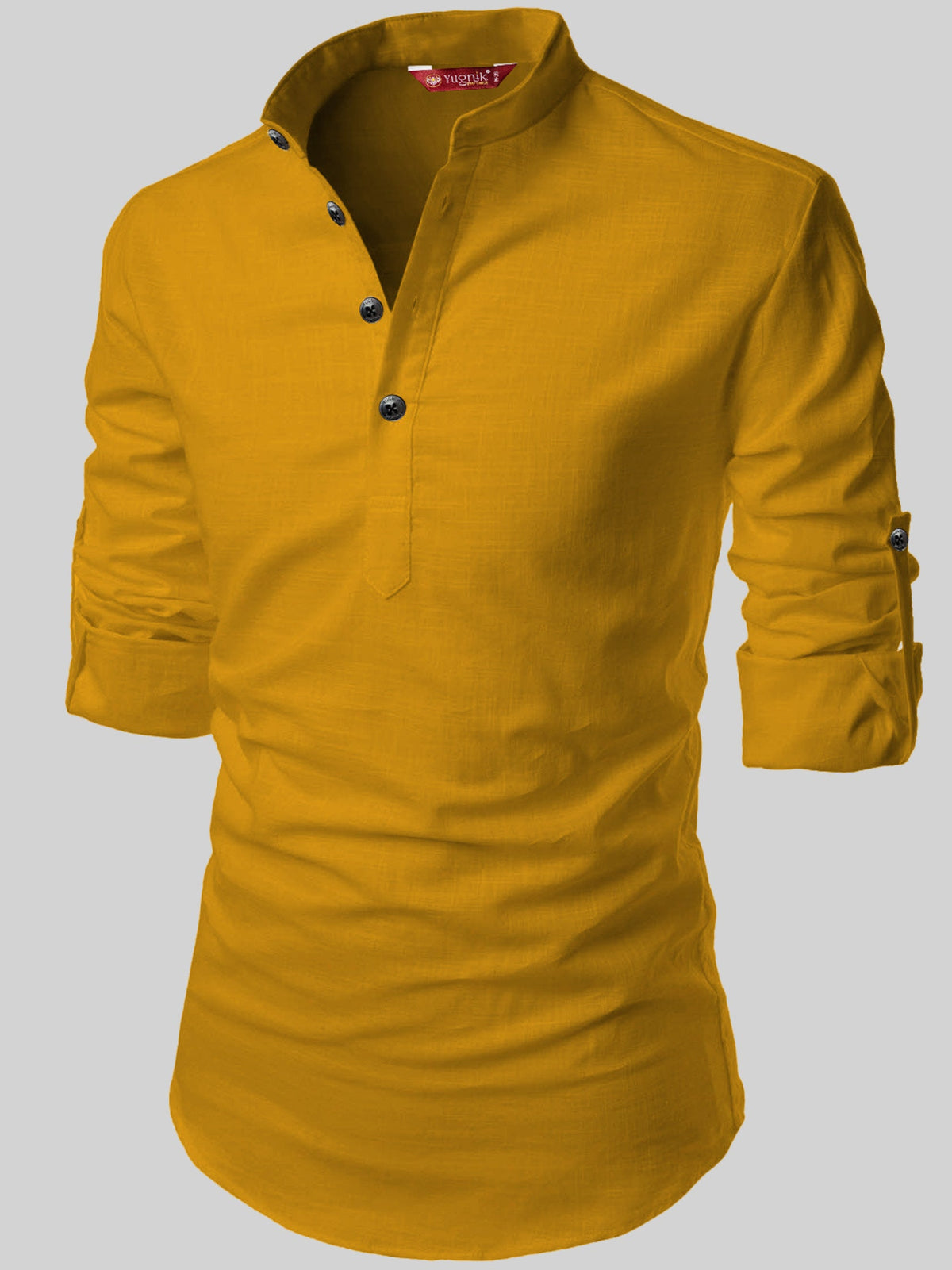 FireFish Men's Slim Fit Full Sleeve Yellow Cotton Short Kurta