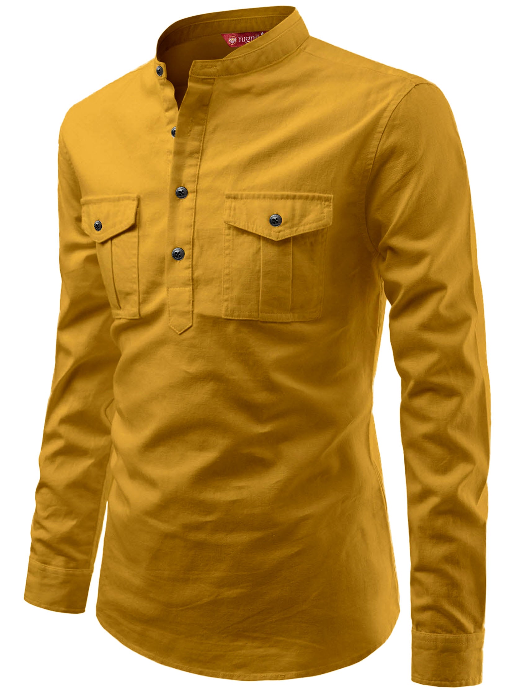 FireFish Men's Slim Fit Double Pocket Beige Color Pure Cotton Short Kurta