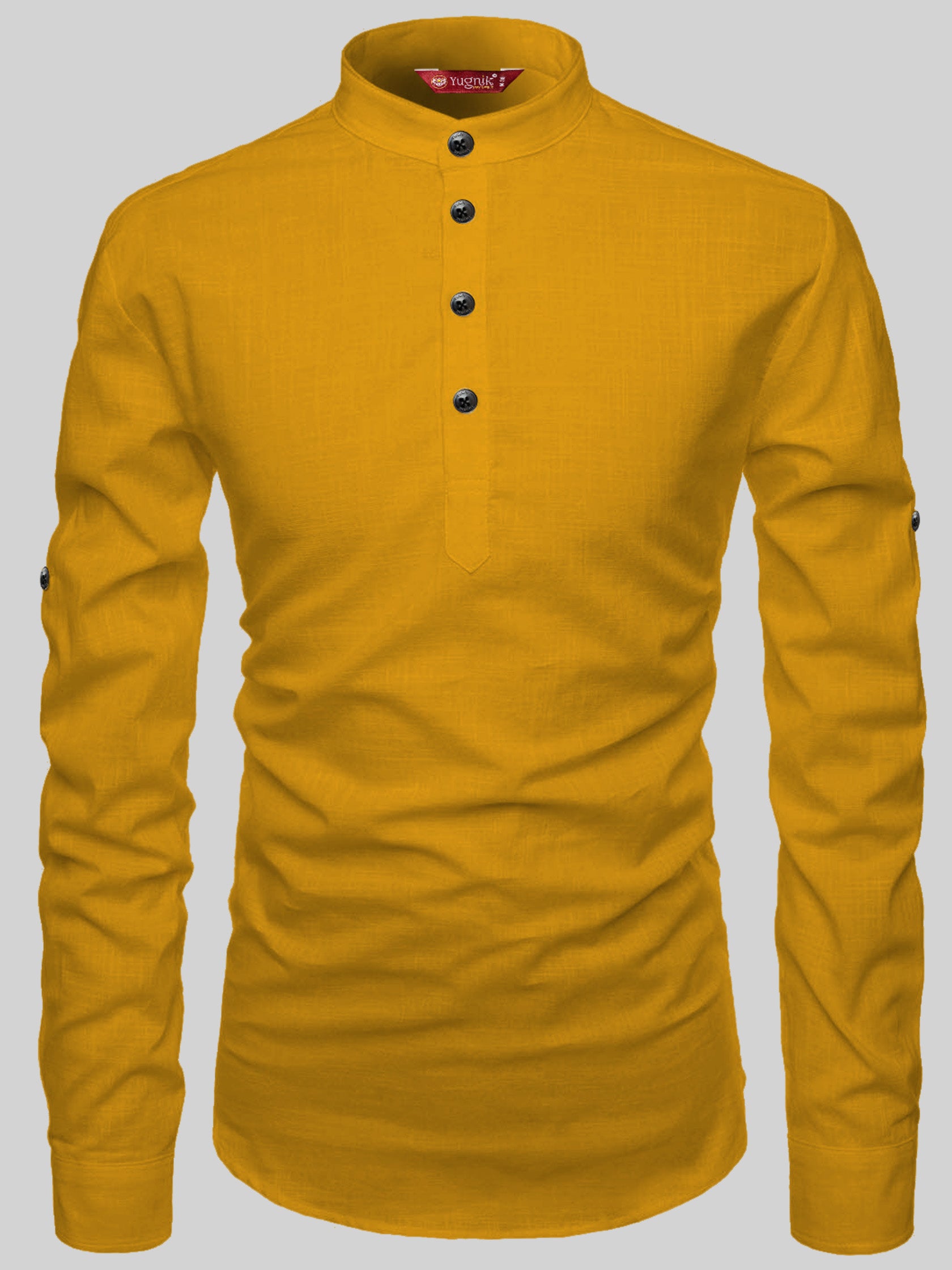 FireFish Men's Slim Fit Full Sleeve Yellow Cotton Short Kurta