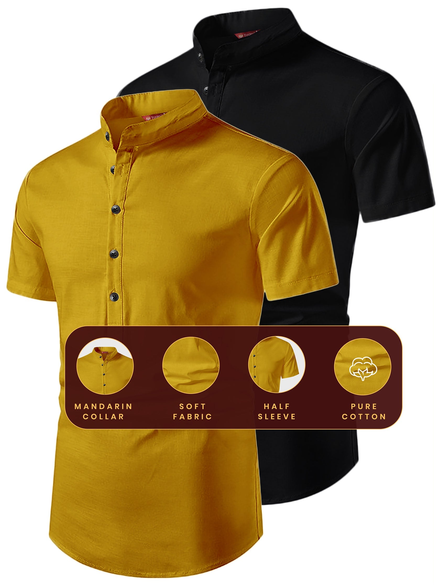 FireFish Men's Slim Fit Beige with Black Color Pure Cotton Half Sleeve Short Kurta Pack 2