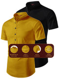 FireFish Men's Slim Fit Beige with Black Color Pure Cotton Half Sleeve Short Kurta Pack 2