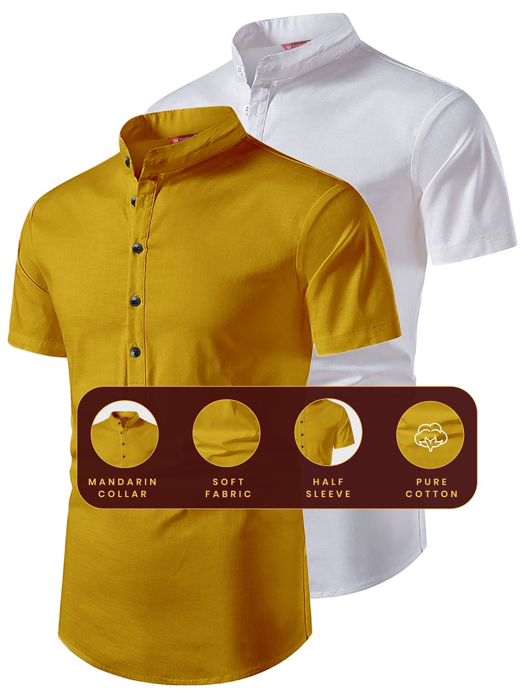 FireFish Men's Slim Fit Beige with White Color Pure Cotton Half Sleeve Short Kurta Pack 2